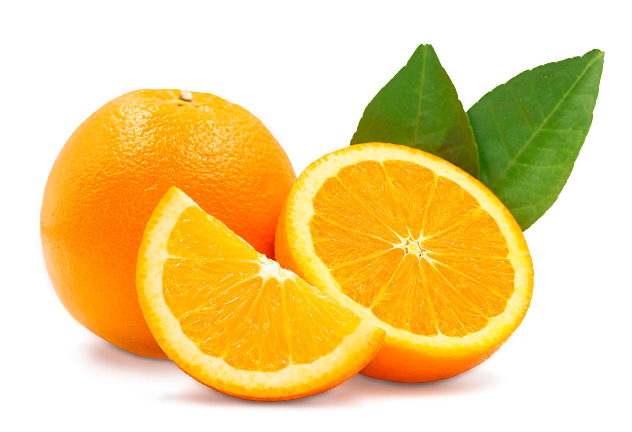 One orange slice, one full orange, and one half orange set against a white background