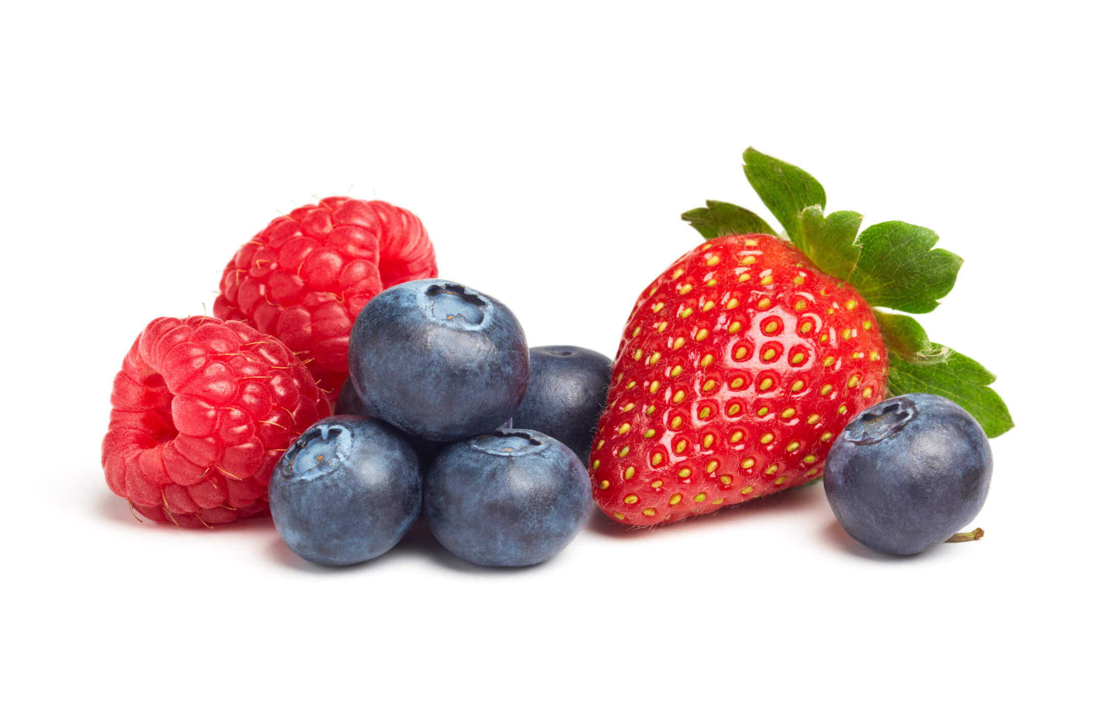 A picture of two raspberries, four blueberries, and one strawberry against a white background