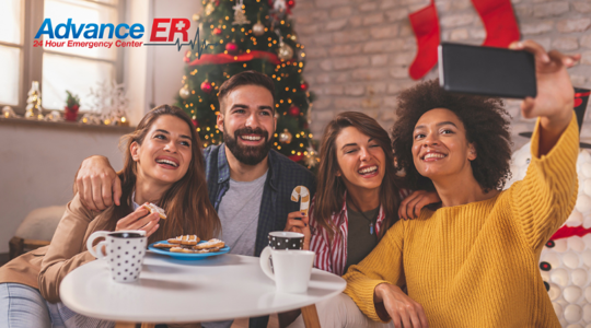 Young couple doing morning stretches together in their living room while watching an online workout video. They are smiling and wearing holiday pajamas. | Advance ER