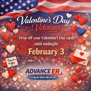 Veterans Valentine’s Day campaign poster from Advance ER encouraging card drop-offs by February 3.