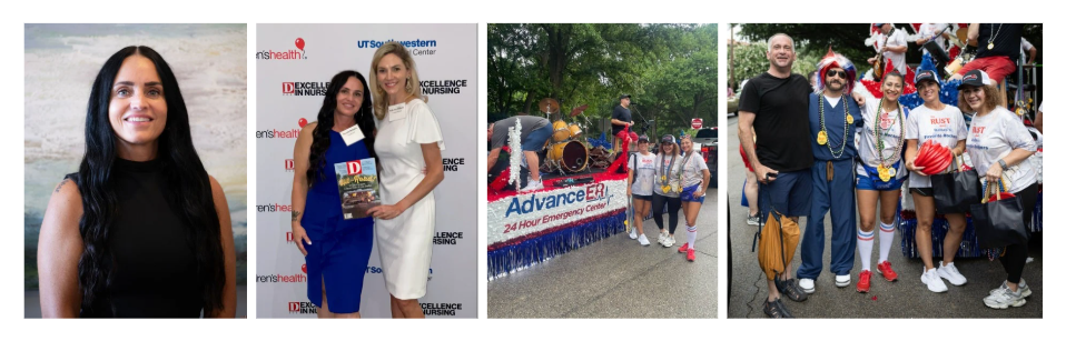 Advance ER team participating in community events, featuring Director of Nursing Rhonda McGuire and staff members at local Dallas activities